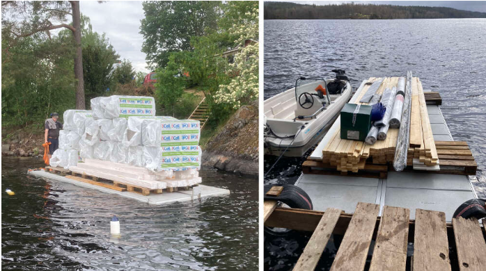 Arbetsflotten EasyFloat var smidig vid frakt av byggmaterial på sjön Allgunnen